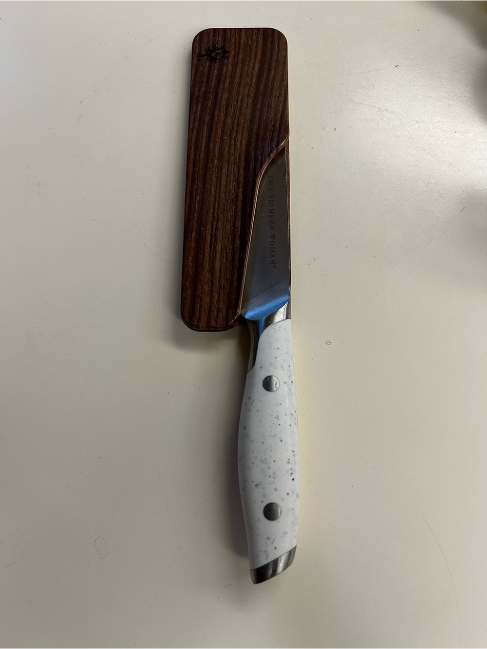 Pioneer Woman nakiri knife White Speckled Handle with Wooden Sheath